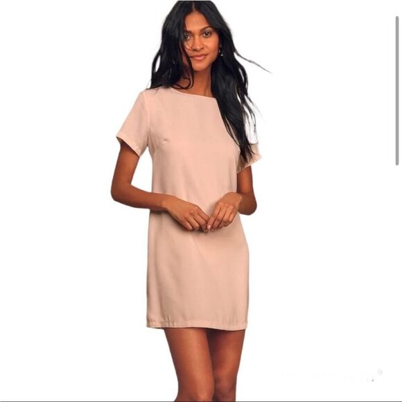 Lulus- Pale Pink Short Sleeve Mini Shift Dress Gold Back Zipper- Size Small - Picture 1 of 9